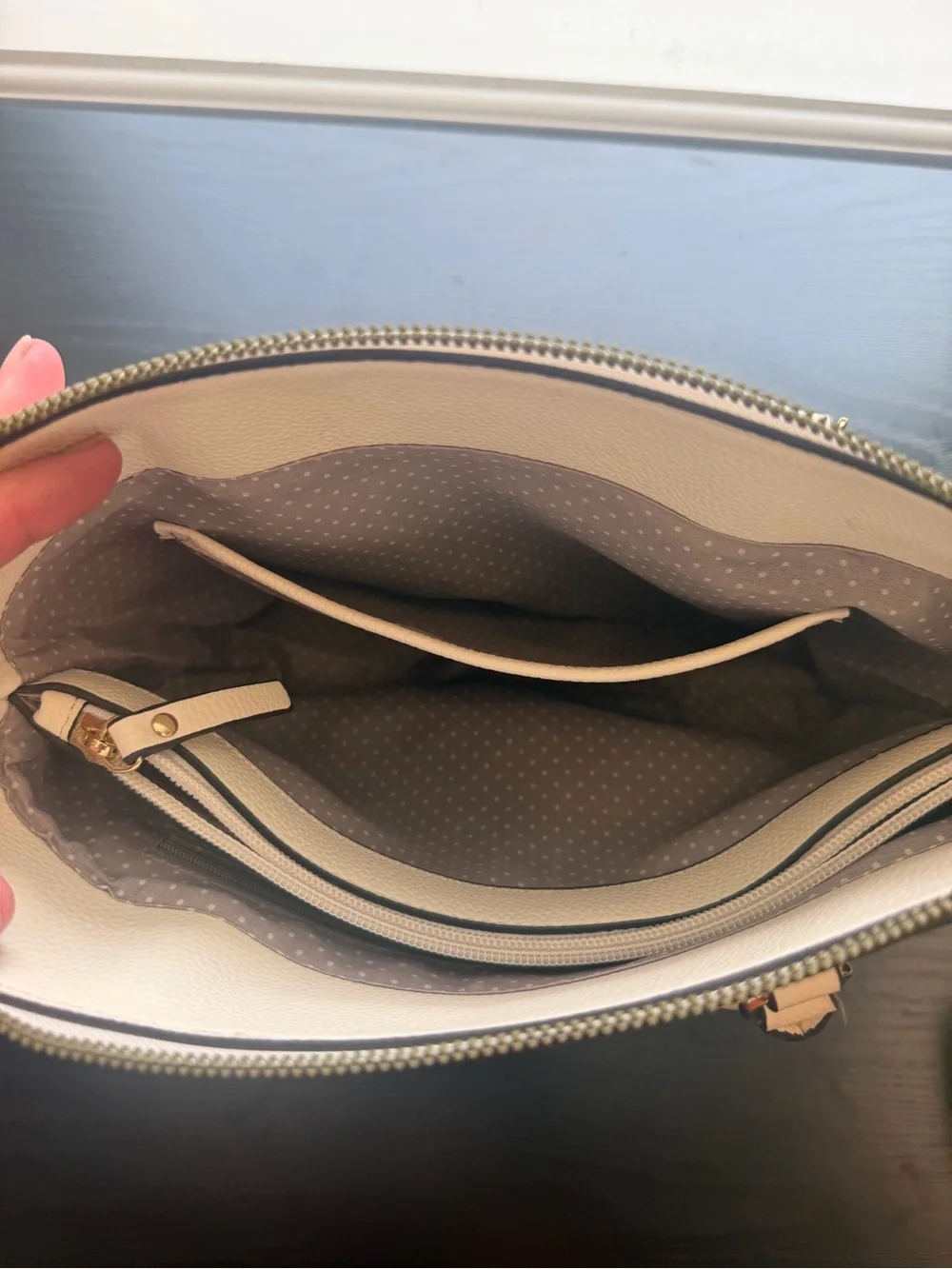 Nanette Lepore Cream Leather Double Zip Satchel with Gold Hardware